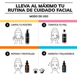 Kit 4 Pasos Quotidien: 1 Limpiador Facial 235 ml + 1 Tónico Facial 350 ml + 1 Serum Vitamina C 30ml + 1 Serum Ácido Hialurónico 30ml - Ingredientes Naturales - Limpia Profundamente, Equilibra el Ph, Cierra Poros, Aclara, Mejora la Textura, Firmeza, Tonifi