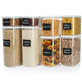 Juego de recipientes herméticos para almacenamiento de alimentos – Juego de 8 piezas + 18 etiquetas de bono – Plástico resistente – Libre de BPA – Diseño modular – Plástico transparente con tapa de fácil bloqueo para ventana visual