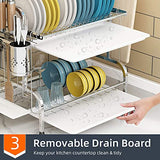 ▶  Escurridor de Platos de Acero Inoxidable de 2 Niveles, Escurridor de Platos con Bandeja de Gote Escurridor de Platos con Bandejas de Plástico Extraíbles , Soporte Multifuncional Platos