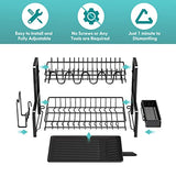 Escurridor de Trastes de 2 Niveles con Placa de Drenaje, Escurridor de Platos Grande de Acero Inoxidable para Encimeras de Cocina, Escurreplatos con Portavasos (Negro)
