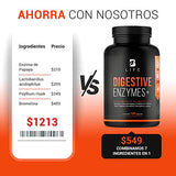 Enzimas Digestivas de 180 cápsulas. Ingredientes naturales: 20 billones de Probióticos, Papaína, Pancreatina, Bromelina, Lipasa. Digestive Enzimes B Life.