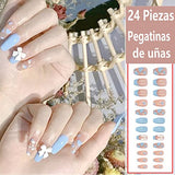 Paquete de 4 uñas postizas mate, 96 hojas de parches para uñas, contiene 8 hojas de pegamento de gelatina para salón de uñas, decoración de uñas florales para mujeres y niñas (Sección larga - 4pk)
