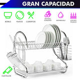Escurridor de trastes 2 Niveles 18" (45 cm) con Porta Vasos, Porta Cubiertos y charola Inferior de plástico. Diseño Elegante Cromado.