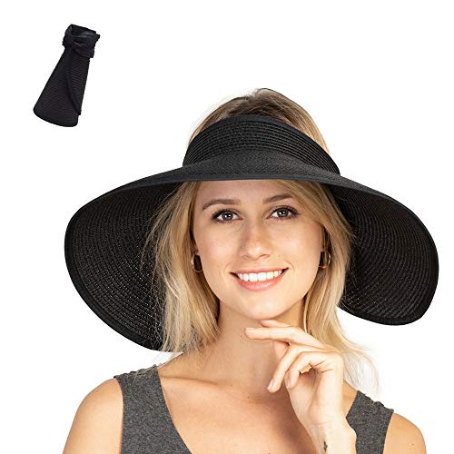 Sombreros de paja plegables para mujer, sombrero de playa de verano, plegable, visera ancha, estilo profundo, tamaño ajustable, Negro, Talla única