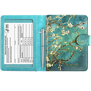 ACdream Combo de tarjetero para pasaporte y vacunación, funda con ranura para tarjeta de vacunación CDC, protector organizador de documentos de viaje de piel, con bloqueo RFID, para mujeres y hombres, Z - Flor de almendra