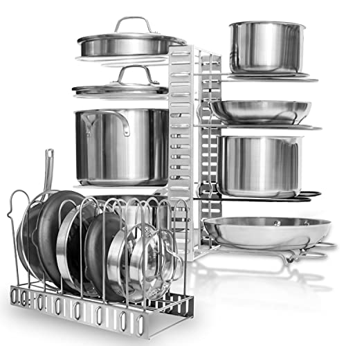 Organizador para ollas, altura y posición ajustables, estante para sartenes, mostrador de cocina y gabinete, estante organizador para estantes/tapa de ollas con 3 métodos de bricolaje, color plateado