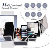 Costravio Estuche de tren de maquillaje, caja de cosméticos, capacidad inteligente, 2 bandejas, organizador de almacenamiento de maquillaje con espejo bloqueable para esmalte de uñas, joyería, organizador de cosméticos para niñas, Glitter Black, Almacenam