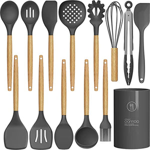 Juego de 14 utensilios de cocina de silicona resistentes al calor, pinzas giratorias, espátula, cuchara, cepillo para polvo, batidor, mango de madera, utensilios de cocina grises con soporte para utensilios de cocina antiadherentes (sin BPA)