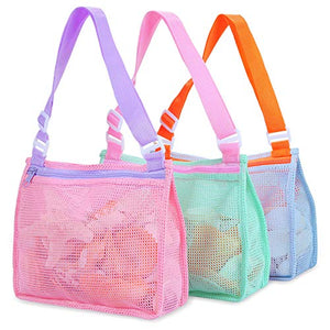 Bolsa de playa de malla para juguetes de playa, bolsa de recolección de conchas de playa para guardar conchas, juguetes de playa, juguetes de arena, accesorios de natación para niños y niñas (solo bolsas, un juego de 3)