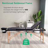 Mesa de masaje profesional ligera, portátil, 3 secciones, 84 pulgadas, cama ancha para pestañas de salón de spa, altura ajustable, marco de madera reforzada, cama facial plegable con bolsa de transporte, color negro