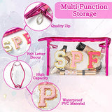 ▶ Neceser de cosméticos con letras universitarias, estético, impermeable, portátil, bolsa de cosméticos de PVC transparente con cierre, bolsa de mano de uso diario, bolsa de maquillaje de viaje para mujeres y niñas (rojo rosa)