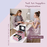 Costravio Caja organizadora de suministros de uñas, estuche de almacenamiento de esmalte de uñas, para tecnología de uñas o uso doméstico, con cajón y ranuras, estuche de viaje para tren de maquillaje portátil con cerradura, Rosa (Vibrant Pink)