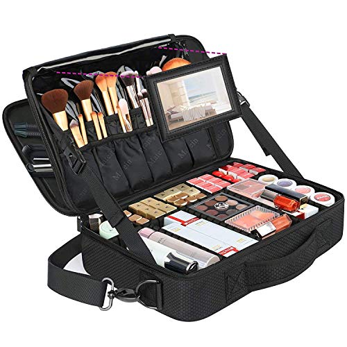Bolsa grande de maquillaje de viaje, bolsa de maquillaje profesional con espejo, bolsa organizadora de cosméticos impermeable con divisor ajustable, bolsa de almacenamiento portátil de 42 cm para mujer, color negro