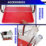 Escurridor de Trastes, Platos. 2 Niveles 16" 41 cm, Cromado Rojo, Charola Inferior de escurrimiento
