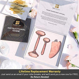 MoValues Set de Rodillo Facial, Gua Sha y Minirrodillo de Cuarzo Rosa – Rodillo de Jade 100 % de Cuarzo Natural – Masajeador Facial para Cuidado de la Piel del Rostro, Ojos, Cuello - Reafirma y Matiza