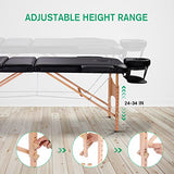 Mesa de masaje profesional ligera, portátil, 3 secciones, 84 pulgadas, cama ancha para pestañas de salón de spa, altura ajustable, marco de madera reforzada, cama facial plegable con bolsa de transporte, color negro