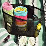 ▶ Bolsa de Malla para la Playa, Plegable, Reutilizable, Duradera y Lavable, Ligera, Paquete de 24 x 15 x 8,5 cm, con Bolsillo Interior, Color Negro