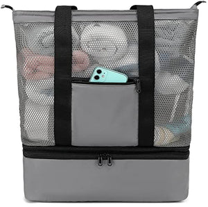 Bolsa de playa de malla con enfriador aislado, bolsas de piscina desmontables para mujer, Gris 2, X-Large