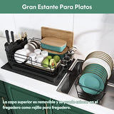 ▶ Escurridor de Trastes Acero Inoxidable para Mostrador de Cocina, Escurridor de Platos con Soporte para Copas de Vino, Estante para Cubiertos y Almohadilla de Secado Adicional (Negro)