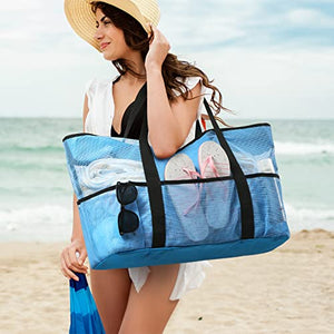 Bolsa de playa, bolsas de playa extra grandes para mujer, impermeables, a prueba de arena, bolsas de playa de malla, bolsa de piscina, artículos esenciales para la playa, Blue, X-Large
