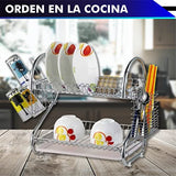 Escurridor de trastes 2 Niveles 18" (45 cm) con Porta Vasos, Porta Cubiertos y charola Inferior de plástico. Diseño Elegante Cromado.