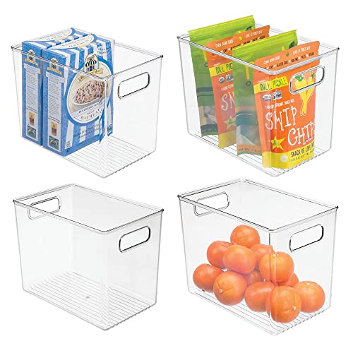 Contenedor de almacenamiento de alimentos de plástico profundo con asas, para cocina, despensa, clóset, nevera/congelador, encimera, organizador delgado para aperitivos, productos, pasta, 25 x 16,5 x 20,3 cm, Transparente, Paquete de 4