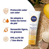 NIVEA SUN Protector Solar Facial BB Tono Uniforme (50 ml), con Color que se Adapta a tu Tono de Piel, Bloqueador solar FPS 50+, no Grasoso para Todo Tipo de Piel