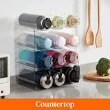 ▶ Organizador apilable de botellas de agua para clóset, congelador, despensa, soporte para vasos de plástico, estantes de vino para almacenamiento de mesa de cocina, clóset, oficina, paquete de 4, cada estante tiene capacidad para 3 recipientes