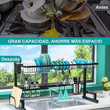 SPOWAY Escurridor de Platos para el Fregadero, Escurridor de Platos de 2 Niveles de Longitud Ajustable (85 a 100 cm), Estante para Secar Platos Sobre el Fregadero con Soporte para Utensilios para Platos para Organizar la Cocina, Acero al Carbono