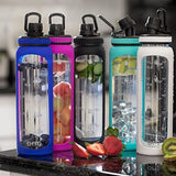 Botella de agua de vidrio de 32 onzas con marcador de tiempo y funda de silicona negra, tapa extra, botellas de agua de vidrio motivacionales, reutilizables, boca ancha, a prueba de fugas, botella de vidrio de 1 litro, sin BPA