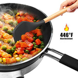 Juego de 14 utensilios de cocina de silicona resistentes al calor, pinzas giratorias, espátula, cuchara, cepillo para polvo, batidor, mango de madera, utensilios de cocina grises con soporte para utensilios de cocina antiadherentes (sin BPA)