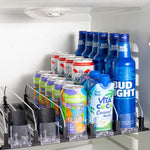 Rula Organizador de bebidas para refrigerador, organizador de latas de refresco autoempuje para refrigerador, ancho ajustable para empujador de bebidas, lata de cerveza para almacenamiento de botellas de agua para despensa, cocina, negro, 5 filas