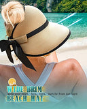 ▶ Sombreros de sol para mujer, visera de playa de ala ancha con agujero para cola de caballo, UPF UV, plegable, gorra plegable para viajes, Caqui, M-L