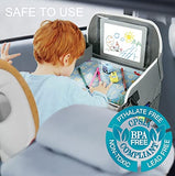 Bandeja de viaje para niños, bandeja de asiento de coche para niños pequeños con tablero de borrado en seco, mesa de viaje plegable con soporte para iPad, bolsillo de almacenamiento, bandeja para niños para viajes por carretera, cochecito de coche, avión,