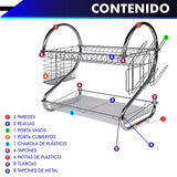Escurridor de trastes 2 Niveles 18" (45 cm) con Porta Vasos, Porta Cubiertos y charola Inferior de plástico. Diseño Elegante Cromado.