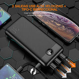 ▶ Powerbank 30000 mAh Carga Rápida Batería Externa Pila QC 3.0, 20W PD Cargador Portátil Batería Con Pantalla LED Indicador, TipoC Bidireccional Compatible Para Android iPhone Quick Charge 3.0, Banco de Energía 3 Salidas Con Cable Micro USB 20CM -Negr