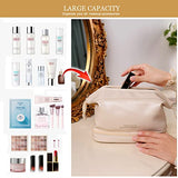 Bolsa de maquillaje grande, bolsa de cosméticos de doble capa, bolsa de maquillaje de viaje, bolsa de maquillaje de piel, bolsas de viaje para cosméticos, bolsa de aseo portátil de piel, bolsa de cosméticos espaciosa para mujeres y niñas, Blanco,