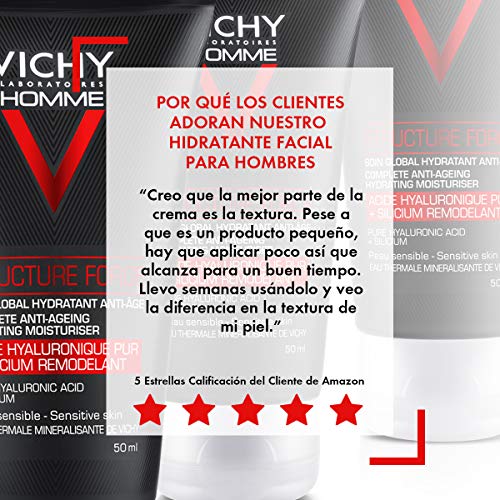 Vichy Homme Structure Force - Hidratante facial para hombres con Ácido Hialurónico, reduce los signos de la edad y mejora la textura de la piel.