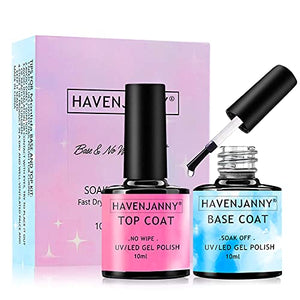 HavenJanny No Wipe Base y Top Coat, Set de Esmalte Semipermanente Base y Capa Superior, Uñas en Polygel UV LED Soak Off Nail Art, Kit para Bricolaje y Salón de Uñas 2 x 10 ml