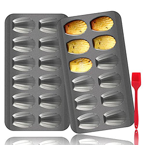 Juego de 2 sartenes Madeleine con cepillo para polvo de silicona, 12 cavidades resistentes en forma de concha, moldes antiadherentes de acero al carbono para hornear galletas