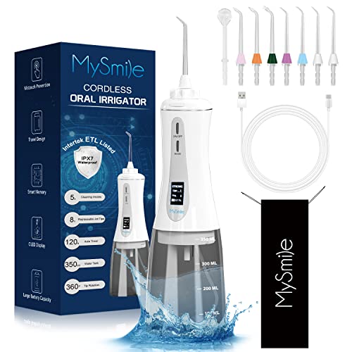 MySmile Flosser de agua inalámbrico para limpiador de dientes, herramienta de eliminación de placa dental 350ml con 5 modos 8 puntas de chorro pantalla OLED, irrigador oral impermeable recargable IPX7