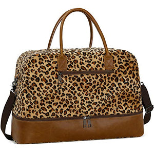 Bolsa de viaje para mujeres y mujeres con compartimento para zapatos y funda para equipaje, Marrón leopardo, M, Estampado de leopardo