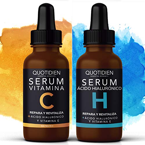 Kit Facial Quotidien: 1 Serum Vitamina C 30ml + 1 Serum Ácido Hialurónico 30ml - Ingredientes Naturales - Hidratación Profunda + Vitalidad en tu Rostro - Mejora la Textura- Firmeza y Tonificación- Disminución de arrugas y lineas de expresión.