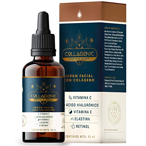 Serum Vitamina C, Colageno, Acido Hialuronico, Retinol, Vitamina E, Elastina - Collagenic Serum Facial Aclarante de Piel para Rostro y Contorno de Ojos