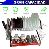 Escurridor de Trastes, Platos. 2 Niveles 16" 41 cm, Cromado Rojo, Charola Inferior de escurrimiento