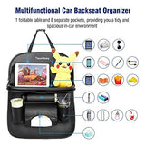 Tsumbay Organizador de asiento trasero de coche con soporte para tablet, 9 bolsillos de almacenamiento, organizador de almacenamiento de coche de piel sintética con bandeja de mesa plegable, protectores de asiento de coche, alfombrillas de patada, accesor