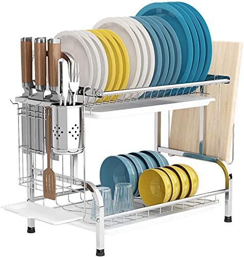 ANNA TOSANI Escurridor de Platos de Acero Inoxidable de 2 Niveles, Escurridor de Platos con Bandeja de Gote Escurridor de Platos con Bandejas de Plástico Extraíbles , Soporte Multifuncional Platos
