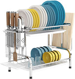 ▶  Escurridor de Platos de Acero Inoxidable de 2 Niveles, Escurridor de Platos con Bandeja de Gote Escurridor de Platos con Bandejas de Plástico Extraíbles , Soporte Multifuncional Platos