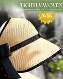 ▶ Sombreros de sol para mujer, visera de playa de ala ancha con agujero para cola de caballo, UPF UV, plegable, gorra plegable para viajes, Caqui, M-L