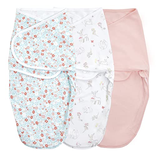 Envoltura fácil de Envolver, de Punto de algodón para bebé, Saco de Dormir para recién Nacido, Paquete de 3, Flores de Cuento de Hadas, 0-3 Meses, pequeño/Mediano